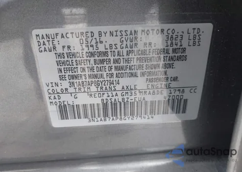 2016 Nissan Sentra Fe+ S/S/Sl/Sr/Sv z USA, uszkodzony, nr VIN 3N1AB7AP8GY279414